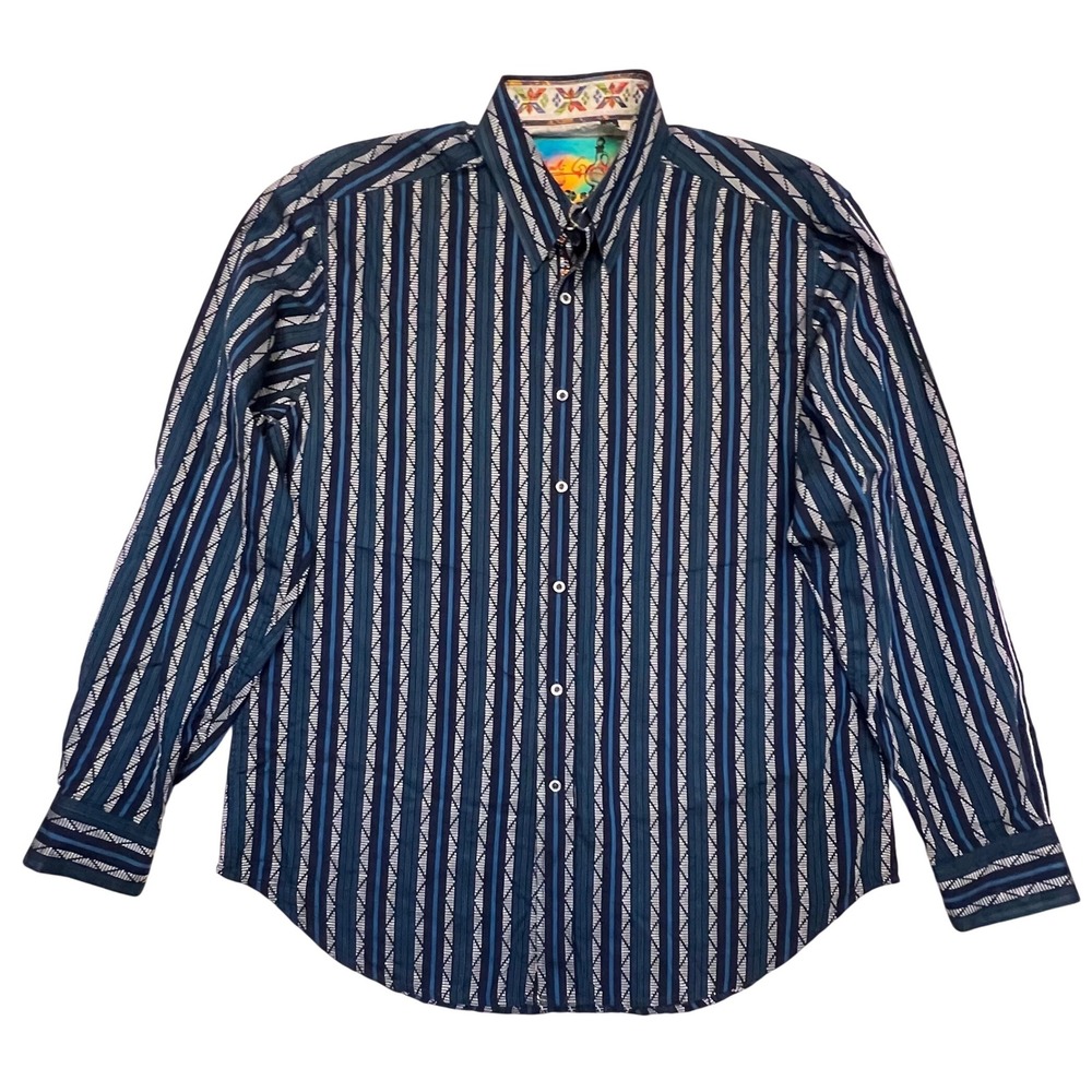 Robert Graham Blue Geometric Striped Embroidered Artsy Long Sleeve Shirt Size‎ L